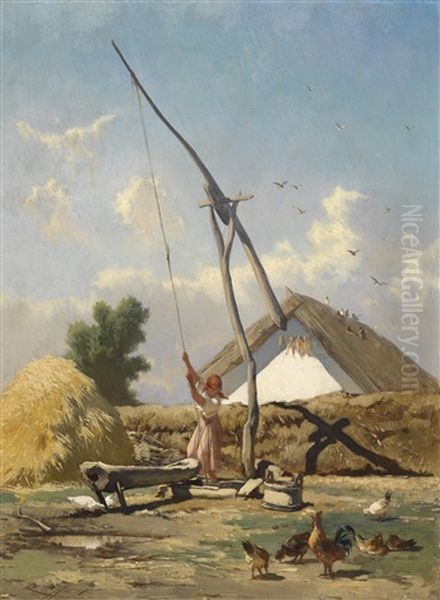 Madchen Am Brunnen In Der Puszta Oil Painting by Ignaz Raffalt