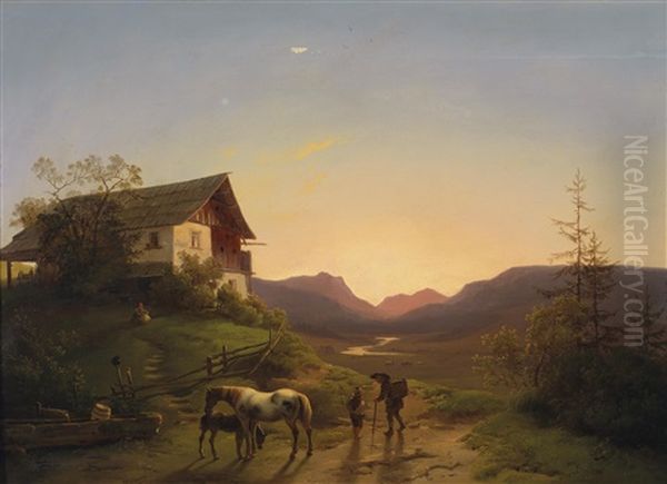 Abendstimmung Vor Weiter Landschaft Mit Pferden Oil Painting by Ignaz Raffalt