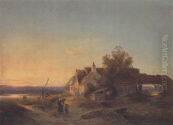 Bauernhaus Im Abendlicht Mit Figurenstaffage Oil Painting by Ignaz Raffalt