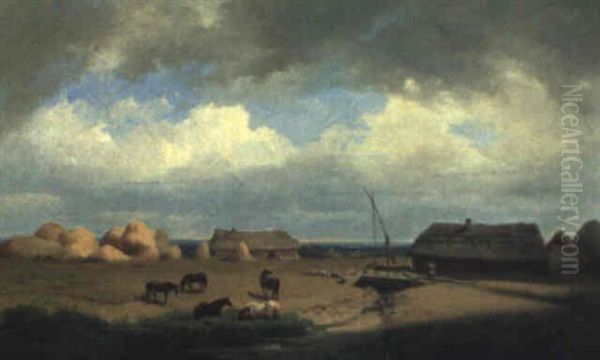 Landliches Motiv Mit Strohgedeckten Hausern Und Pferden by Ignaz Raffalt