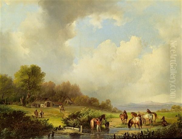 Pferde An Einem Flus Oil Painting by Johann Gualbert Raffalt