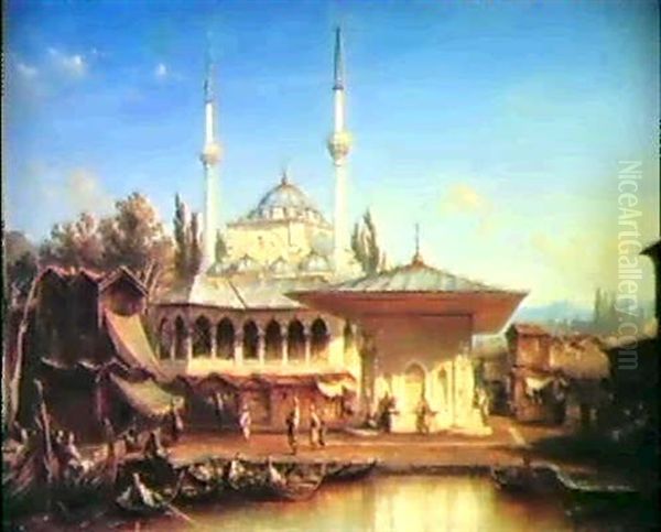 The Mihrimah Sultan Mosque (known As Iskele Cami), In       Uskudar/scutari On The Asiatic Shore Of The Bosphorus Oil Painting by Etienne Raffort