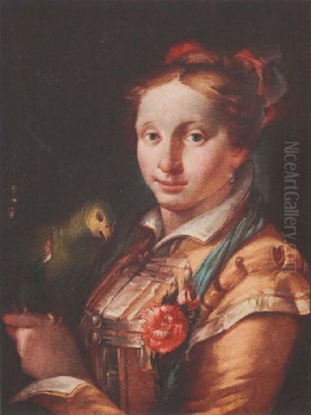 A Young Lady Holding A Parrot Oil Painting by Giovanni Raggi