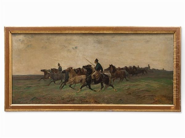 Horse Drovers In The Steppe Oil Painting by Giuseppe Raggio