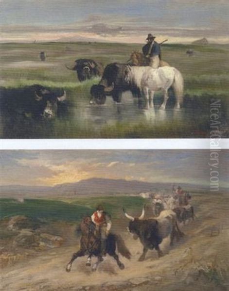 Buffaloes Drinking In The Roman Campagna At Sunset Oil Painting by Giuseppe Raggio