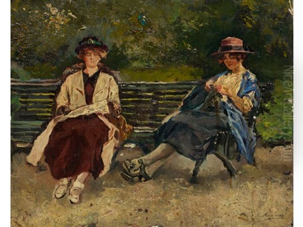 Zwei Frauen Auf Der Parkbank Oil Painting by Raffaele Ragione