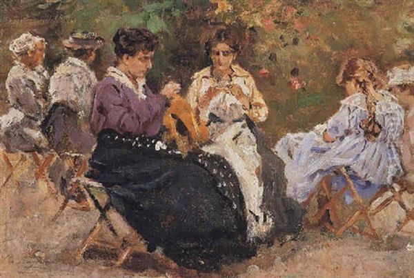 Women Sewing In The Park Oil Painting by Raffaele Ragione