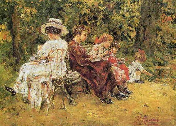 Due Donne Al Parco Con Tre Bambine Oil Painting by Raffaele Ragione