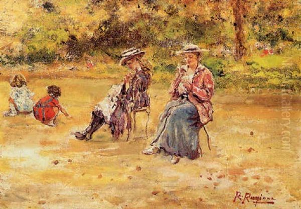 Sue Donne Al Parco Con Due Bambini Oil Painting by Raffaele Ragione