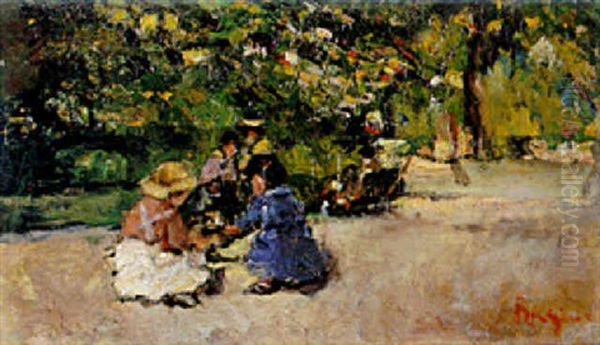 Giochi Di Bimbi Al Parc Monceau Oil Painting by Raffaele Ragione