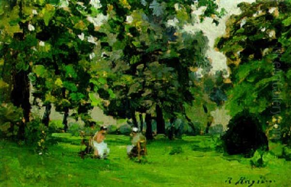 Two Women Knitting In A Park Oil Painting by Raffaele Ragione