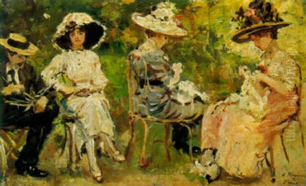 Women Knitting In The Park Oil Painting by Raffaele Ragione