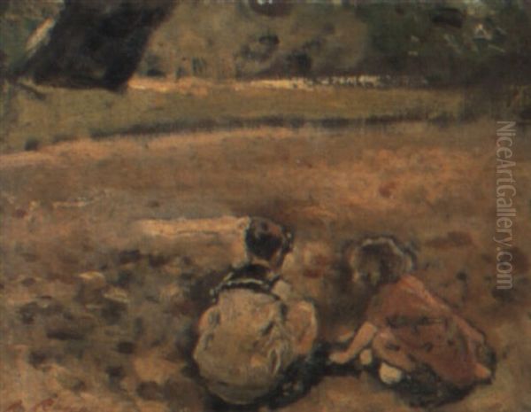 Two Children Playing In A Park Oil Painting by Raffaele Ragione