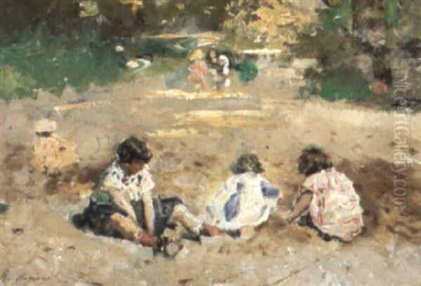 Four Children Playing In A Park Oil Painting by Raffaele Ragione