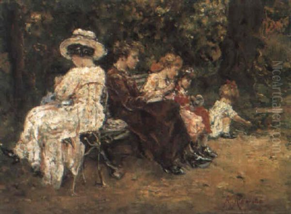 Signore E Bimbi Al Parc Monceau Oil Painting by Raffaele Ragione