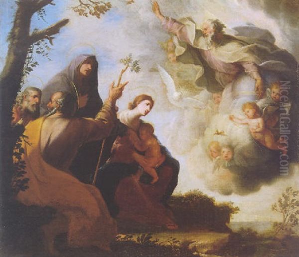 God The Father Appearing Before The Holy Family With Saints Anne And Joachim In A Landscape Oil Painting by Michele Ragoglia