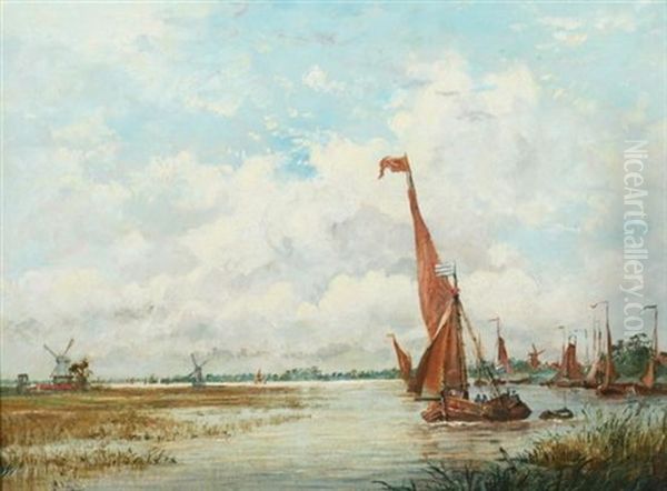 Moored Sailboats With Distant Windmill Oil Painting by Adolphe Ragon