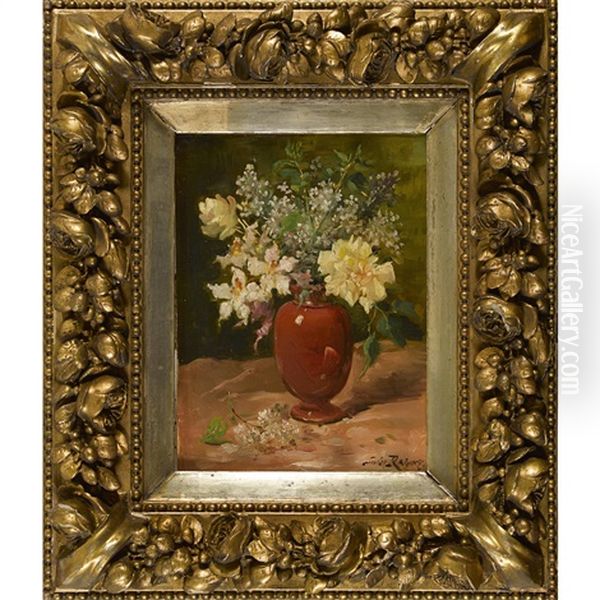 Blumenbouquet In Roter Vase Oil Painting by Jules Felix Ragot