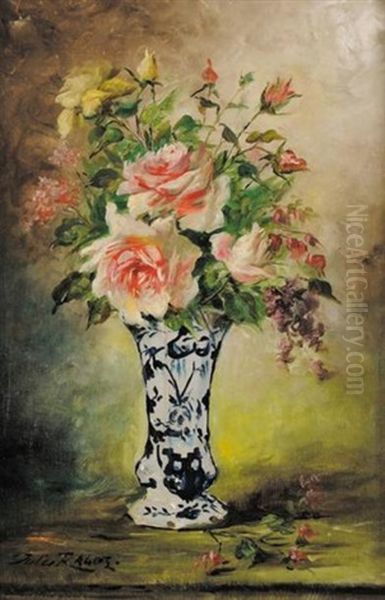 Bouquet De Roses Dans Un Vase De Delft by Jules Felix Ragot