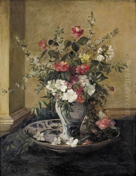 Blumenstillleben Mit Porzellanvase Und Teller Oil Painting by Jules Felix Ragot