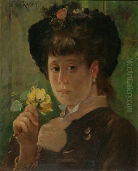 Jeune Femme Au Chapeau Fleuri Tenant Une Rose Oil Painting by Jules Felix Ragot