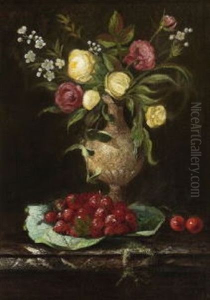 Blumenstillleben Mit Erdbeeren Und Kirschen Oil Painting by Jules Felix Ragot