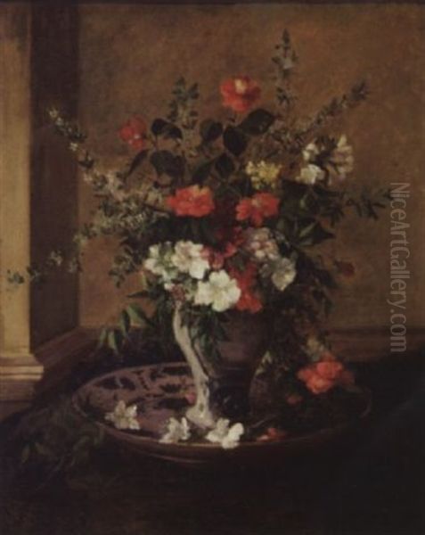 Fleurs Dans Un Vase En Faience Blanche Et Bleue Oil Painting by Jules Felix Ragot