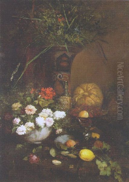 A Rich Still Life Of Flowers And Fruit Oil Painting by Jules Felix Ragot