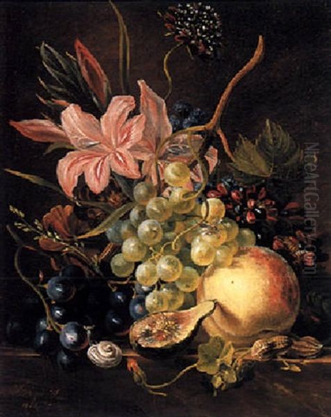 A Still Life With Grapes, Figs And Flowers Oil Painting by Jules Felix Ragot