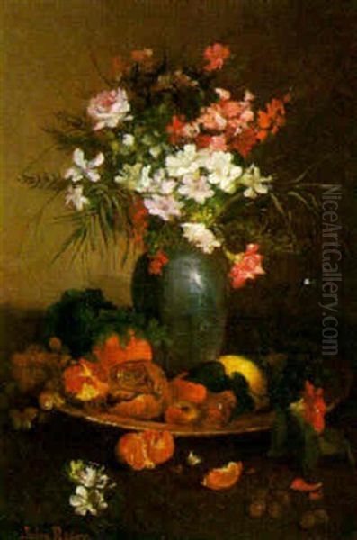 Still Life With Flowers And Fruit Oil Painting by Jules Felix Ragot