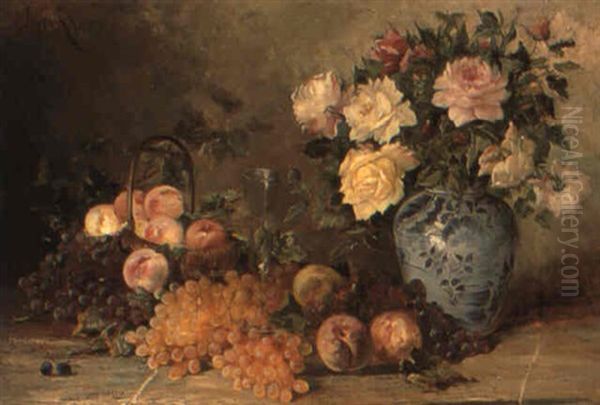 Still Life With Flowers In A Vase And Fruit by Jules Felix Ragot