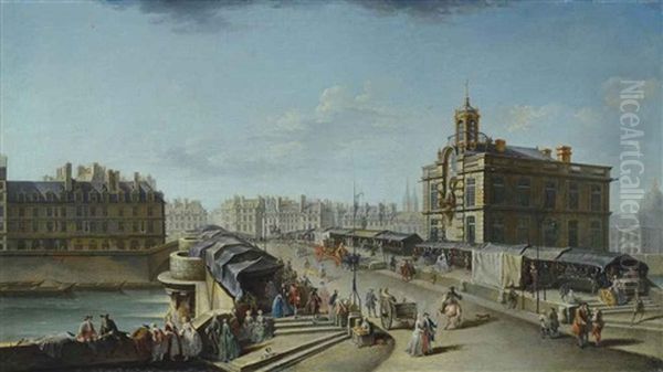 La Fontaine De La Samaritaine Et Le Pont Neuf Oil Painting by Jean Baptiste Nicolas Raguenet