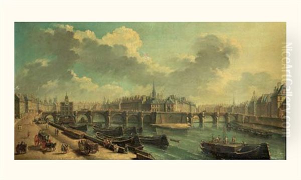 Vue Du Pont Neuf Avec La Samaritaine, Et L'ile De La Cite Oil Painting by Jean Baptiste Nicolas Raguenet