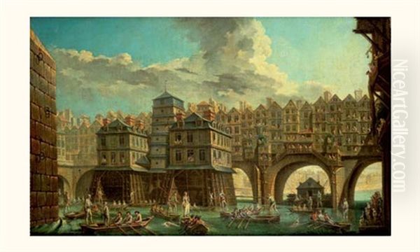 La Joute Des Mariniers Entre Le Pont Notre-dame Et Le Pont Au Change Oil Painting by Jean Baptiste Nicolas Raguenet