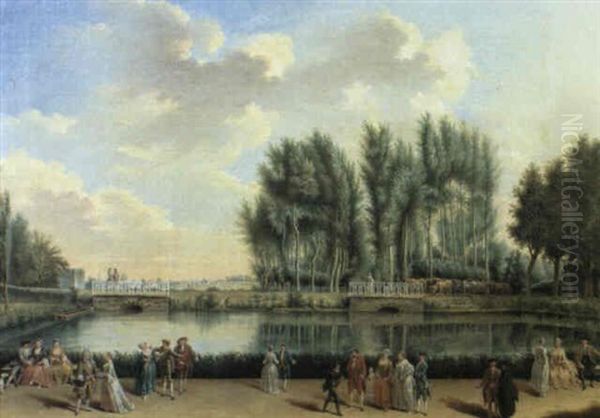 Reunion Dans Un Parc Au Bord D'une Piece D'eau Oil Painting by Jean Baptiste Nicolas Raguenet