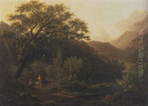 Idyllische Landschaft Mit Bauernmadchen Und Junge Im Gesprach Oil Painting by Caspar Rahn