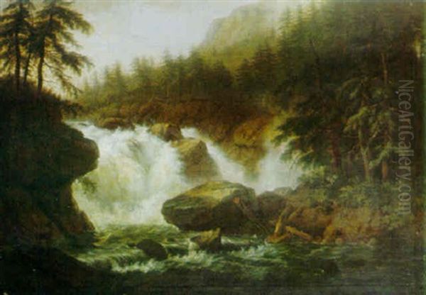 Wooded River Landscape With A Waterfall Oil Painting by Johann Caspar Rahn