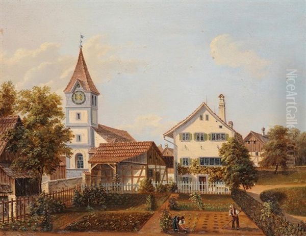 Kirche Und Weiler Im Kanton Zurich Oil Painting by Eduard Rahn-Hirzel