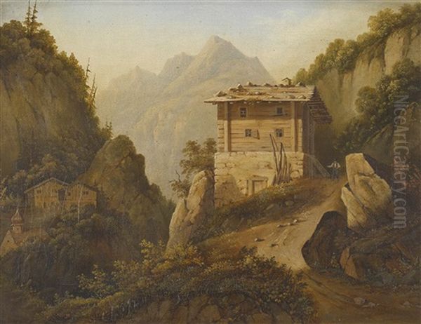 Gebirgslandschaft Mit Hutten Oil Painting by Eduard Rahn-Hirzel