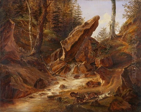 Wildbach Mit Jagdmeute Oil Painting by Eduard Rahn-Hirzel