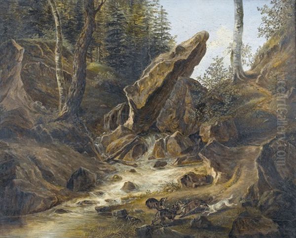 Bachbett Im Wald Mit Hundemeute Oil Painting by Eduard Rahn-Hirzel