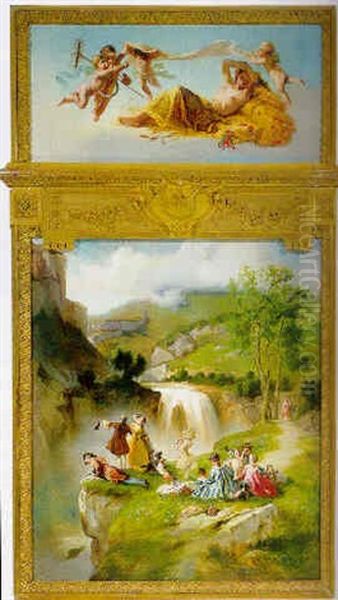 An Allegory Of Summer: The Goddess Ceres Surrounded By Putti; A Picnic Near A Waterfall Oil Painting by Diodore Rahoult