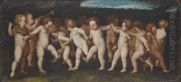 Putti Dancing A Ring Dance And Playing Music, In A Park Landscape Oil Painting by Marcantonio Raimondi