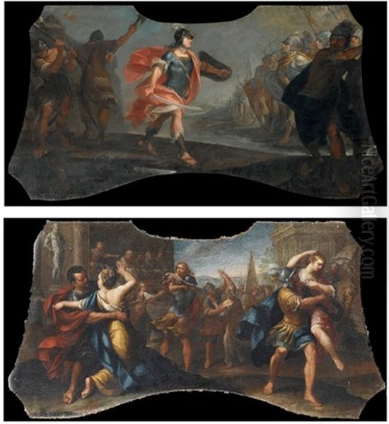 Orazio Coclite (+ Ratto Delle Sabine; 2 Works) Oil Painting by Francesco M. Raineri (Schivenoglia)