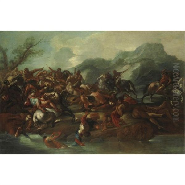 Scena Di Battaglia Lungo Un Fiume Oil Painting by Francesco M. Raineri (Schivenoglia)