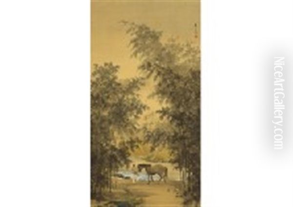 Bamboo Woods And Horse Oil Painting by Tanaka Raisho