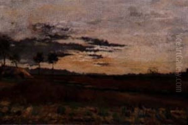 Sunset Over Field With Windmill Oil Painting by Paul Emile Raissiguier