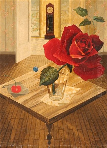 Still Life With Rose (+ Still Life With Pink Rose On A Balcony; Pair) Oil Painting by Ratislaw Rakoff