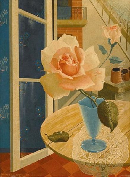 Roses By An Open Window Oil Painting by Ratislaw Rakoff