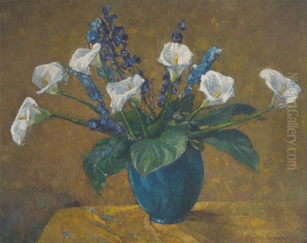 Vase Fleuri D'arums Oil Painting by Mecislas Rakowski